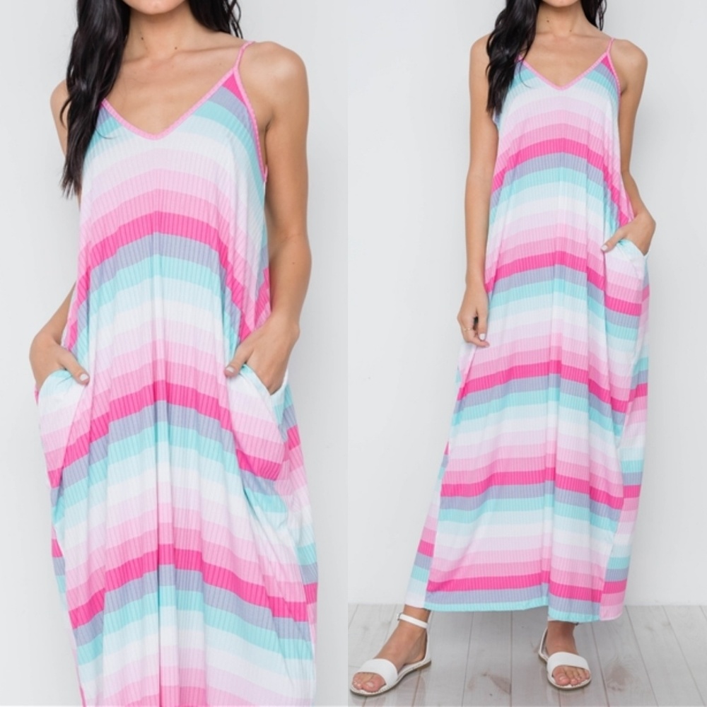 CANDY SHOP STRIPED POCKETED PINK & BLUE MAXI DRESS - Picture 1 of 7